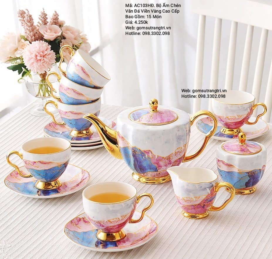 BỘ ẤM CHÉN VÂN ĐÁ VIỀN VÀNG CAO CẤP